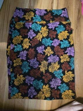 LuLaRoe Black Pencil Skirt with Teal, Purple, Mustard & Brown Floral Print